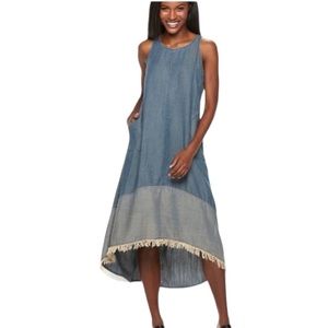 Nanette Lepore Chambray Hi Low Midi Dress Womens 14 Blue Sleeveless W/O Fringe